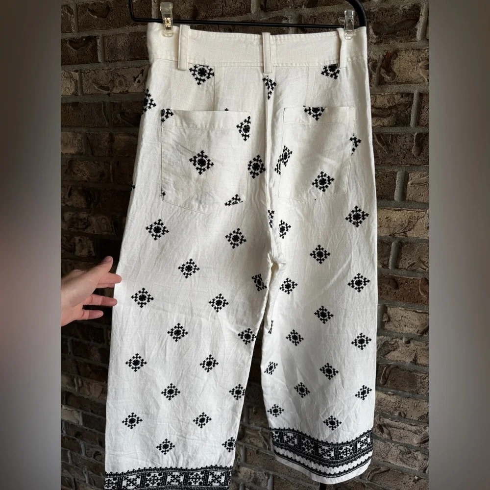 ZARA Linen Blend Embroidered Wide Leg Pants White Black Boho Resort S